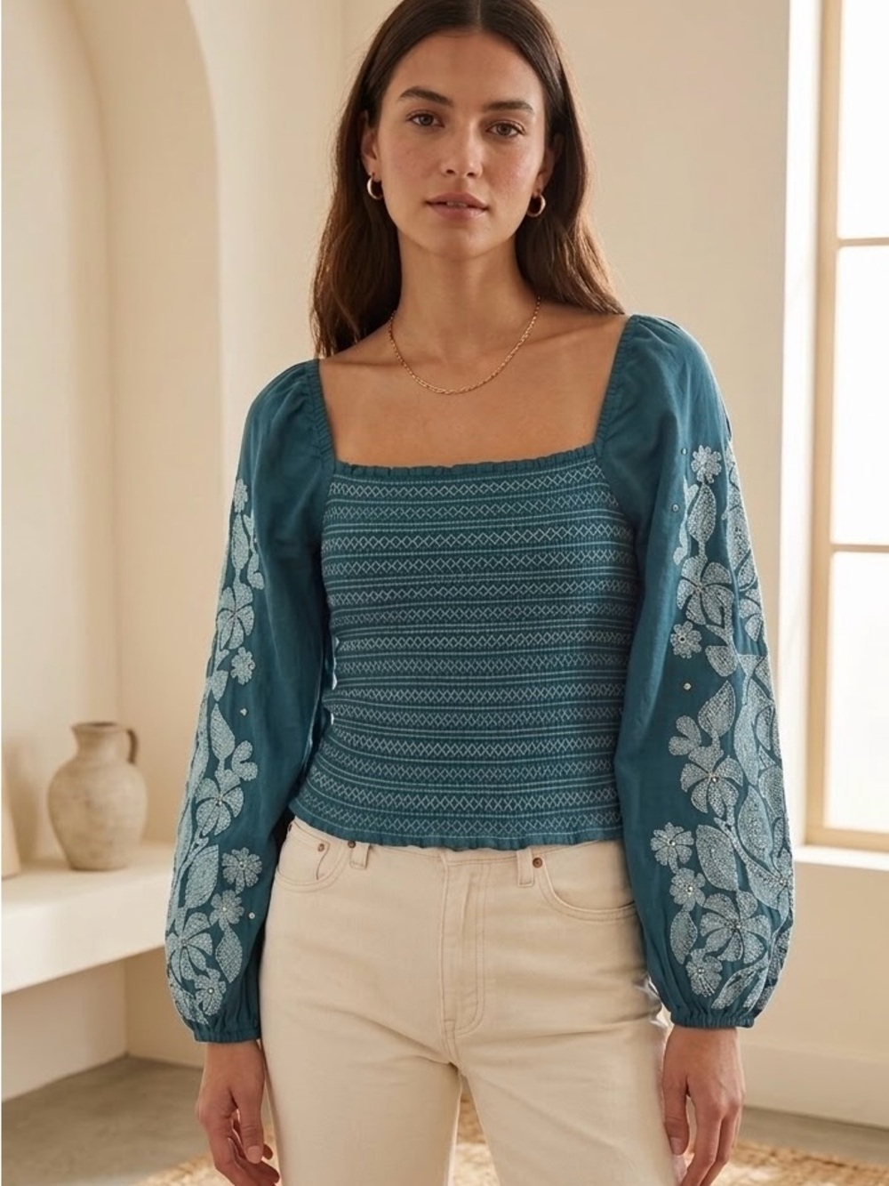 Anthropologie Embroidered Boho Peasant Top Smocked Balloon Sleeve NWT Small